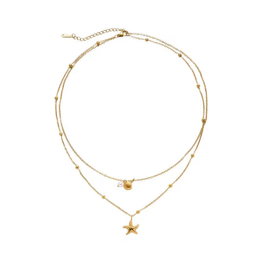 Collana elegante a doppio filo in acciaio dorato waterproof con stella marina, conchiglia e perla da donna.